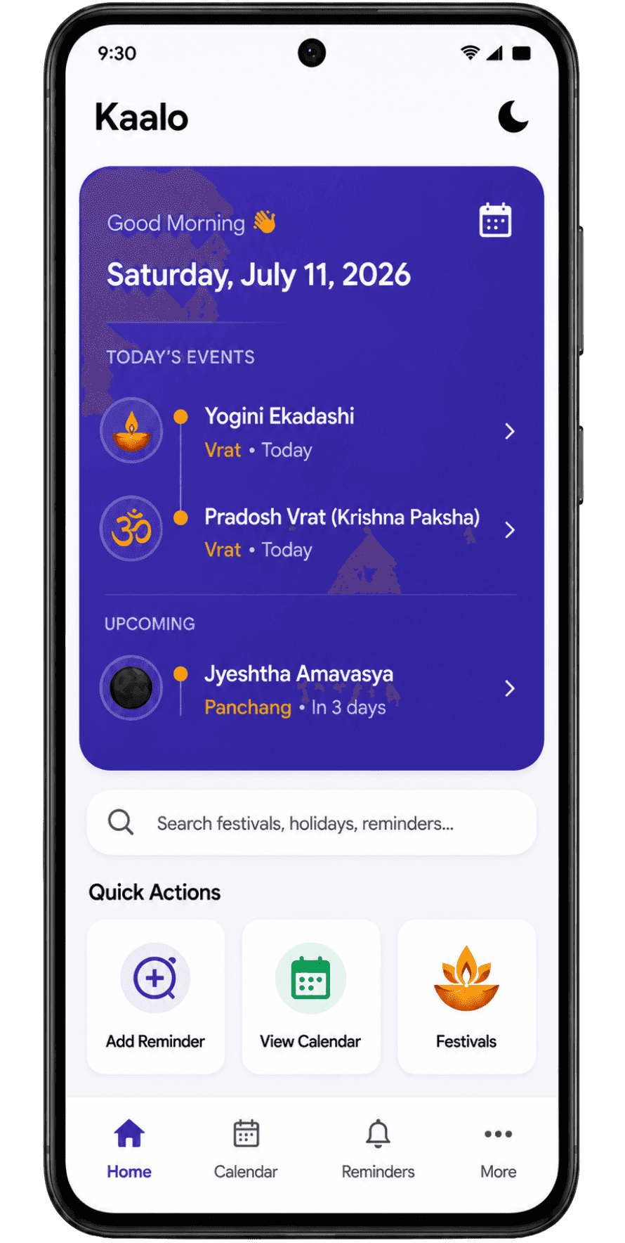 Kaalo home screen showing today's panchang and upcoming festivals